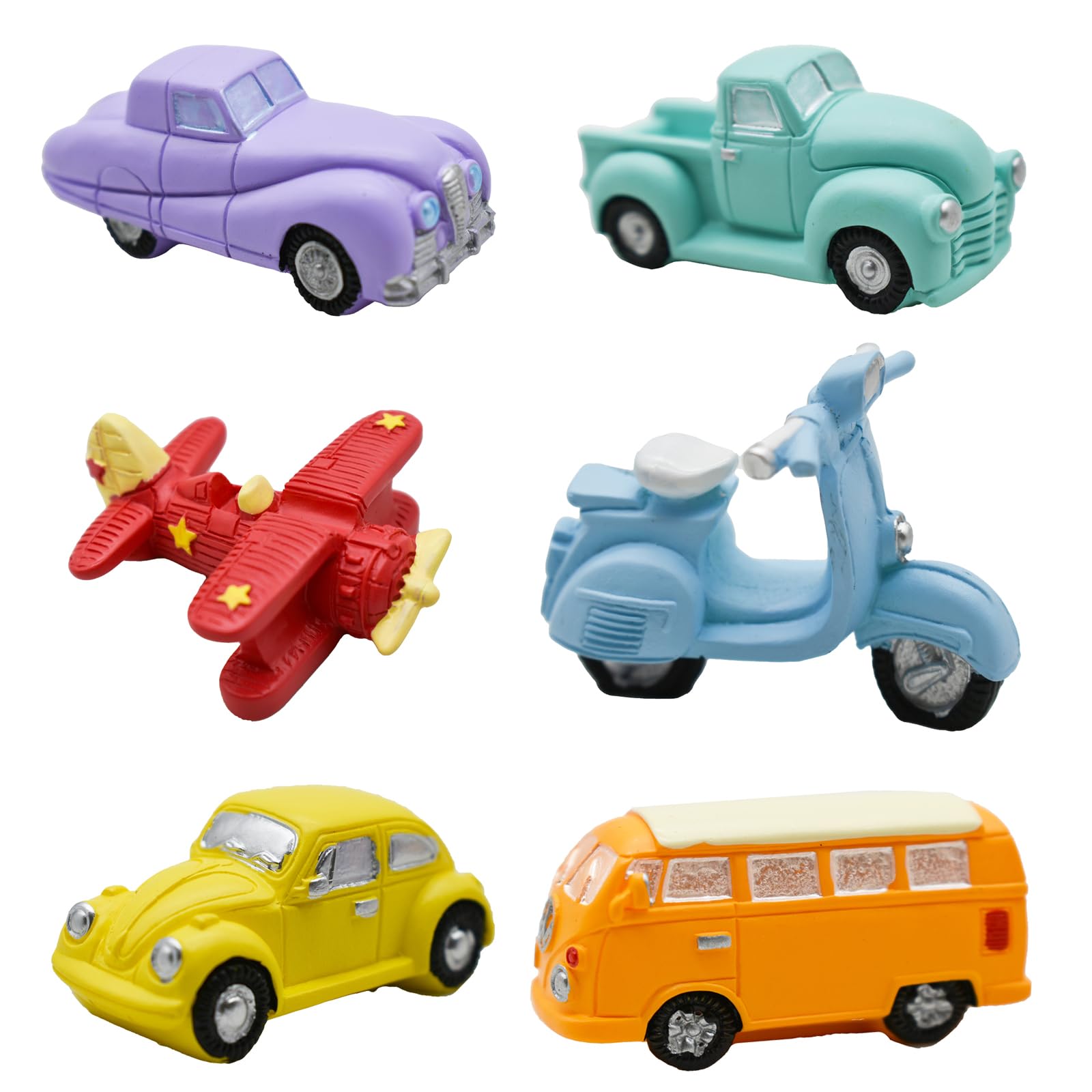 Photo 1 of Pinenjoy 6Pcs Mini Car Plane Motorcycle Figurines Miniature Vehicle Figures Set Resin Bus Model Cake Toppers for Dollhouse Diorama Fairy Garden Micro Landscape Desktop Decors