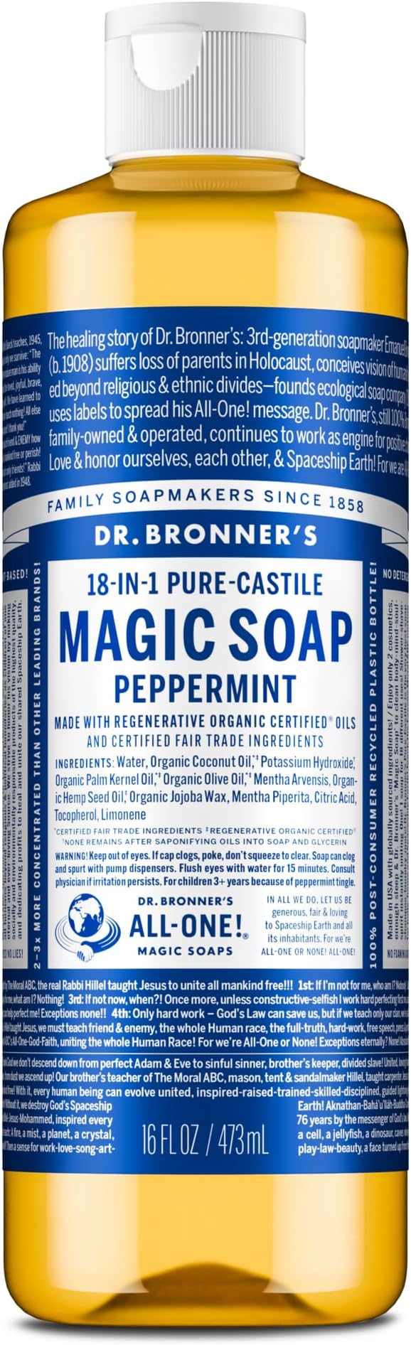 Dr. Bronner's Peppermint Pure-Castile Soap 473ml Organic Fair Trade Vegan