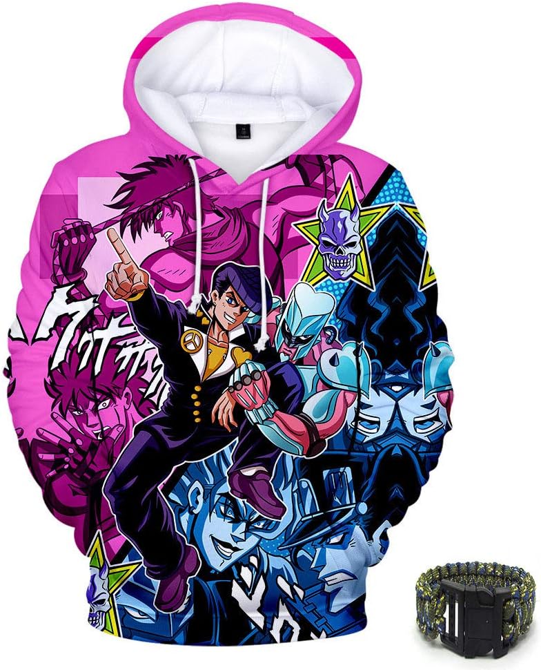 CANALO Long-Sleeved Drawstring Hooded Sweatshirt,JOJO Anime Print, Color,Suitable for Spring and Autumn (free bracelet)