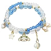 Kawaii Bracelets Cinnamoroll Crystal Beads Bracelet Set Cute Cartoon Elastic Beaded Pearl Blue Bracelets Jewelry for Women Blue Friendship Bracelet Christmas Stocking Stuffers for Women (Blue 2)