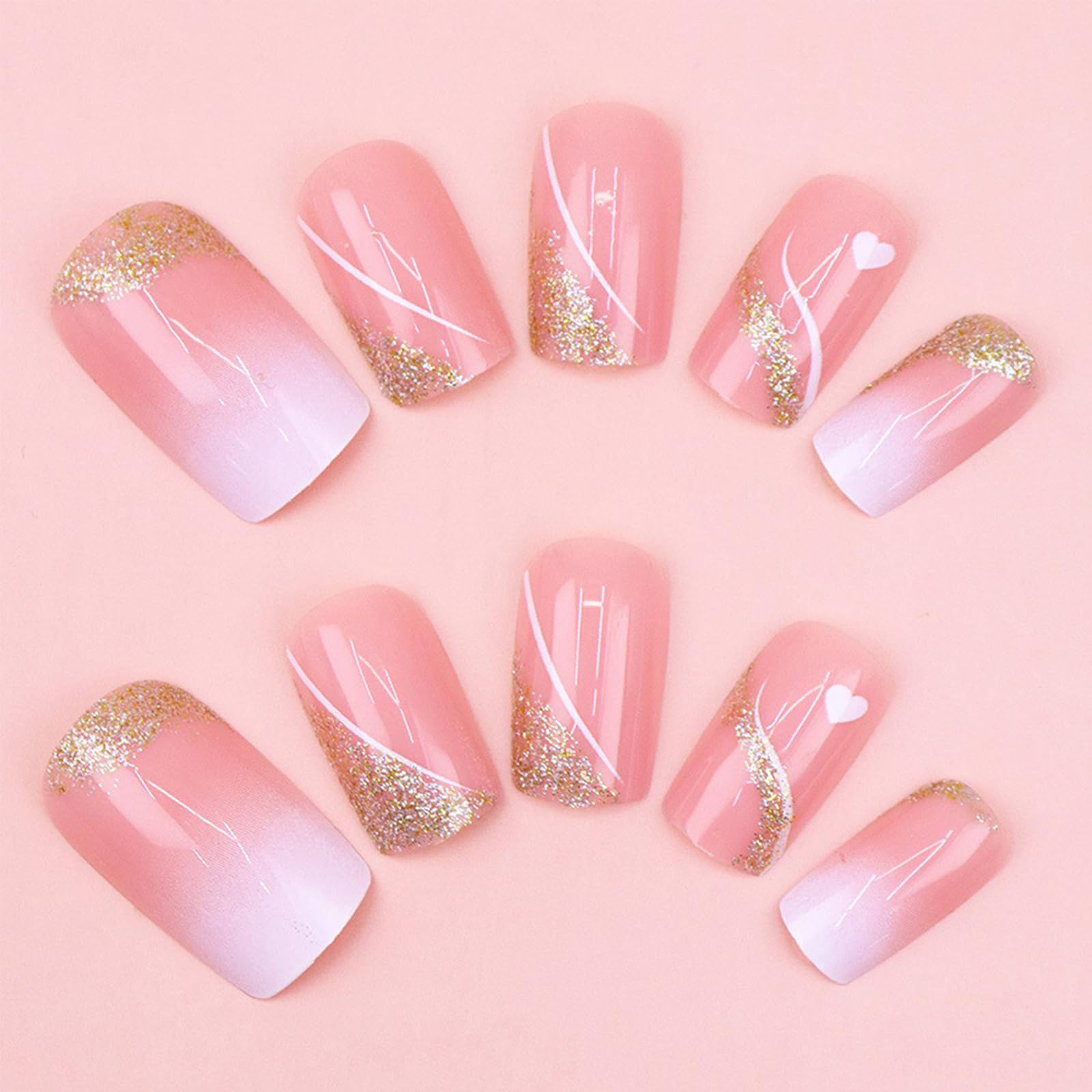 Press on Nails Medium Square Fake Nails Gold Glitter False Nails with Design Heart Curve Glue on Nails Gradient Pink Full Cover Acrylic Stick on Nails Reusable Artificial Nails for Women Manicure Kit - Image 5