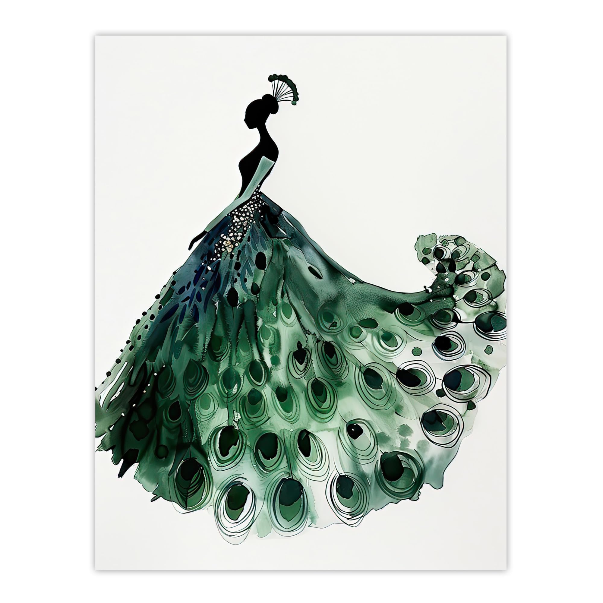 Artery8 Glamorous Peacock Fashion Dress Silhouette Living Room Extra Large XL Wall Art Poster Print