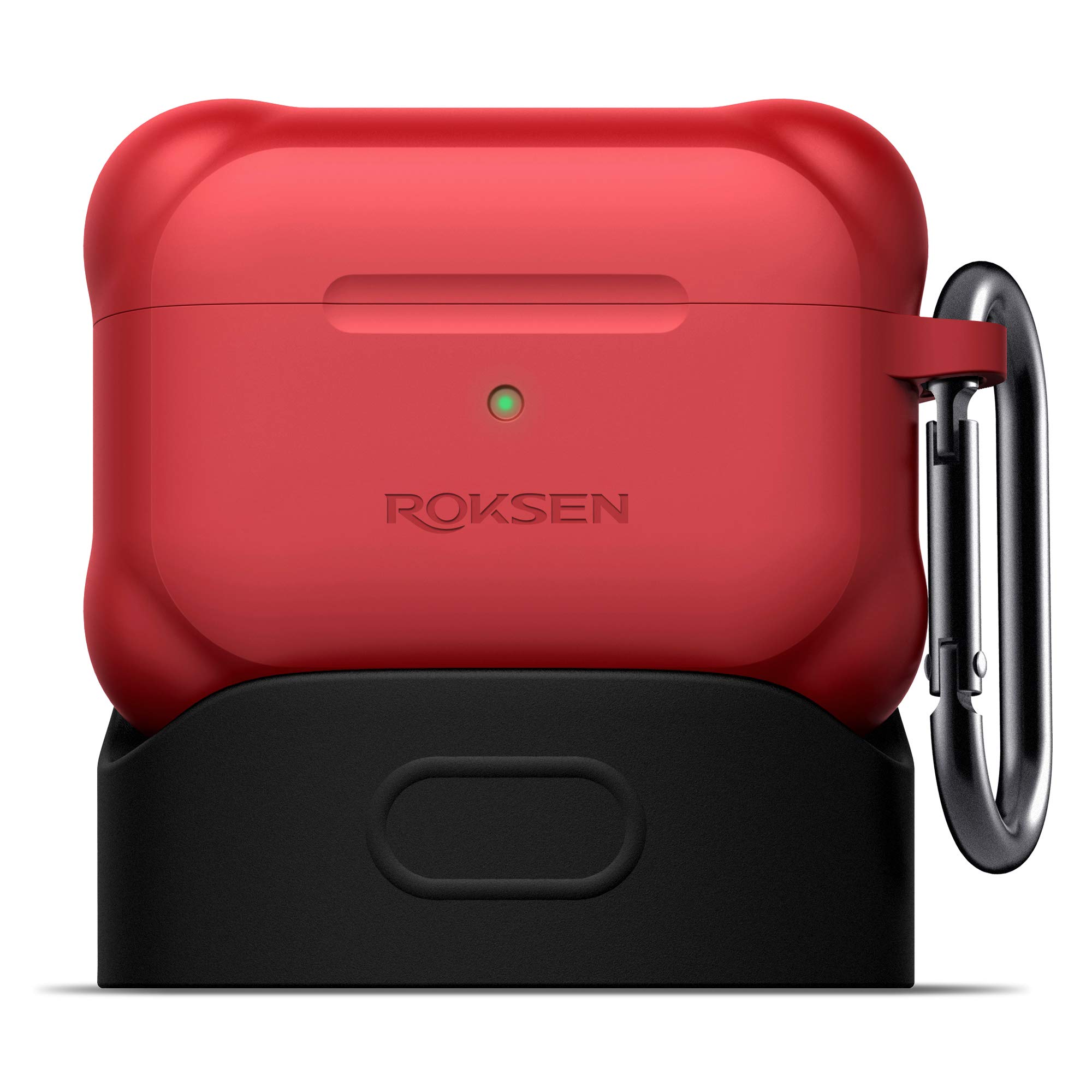 ROKSEN AirPods Pro Case with Base & Carabiner, Silicone Case Cover Shockproof, Compatible with Apple Airpods Pro 2019 (Front LED Visible), Red