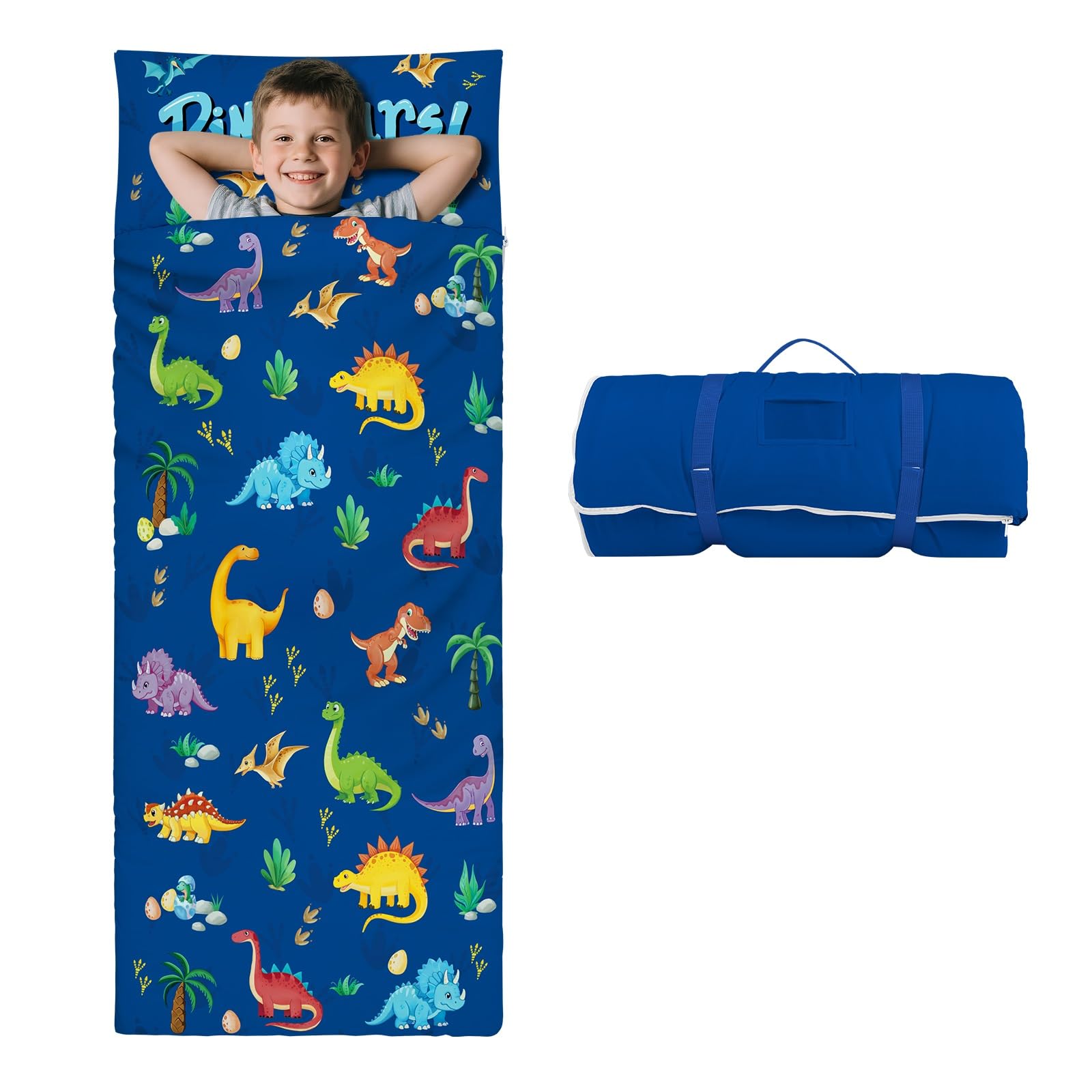 Kids Sleeping Bag-Pillow,Mat and Blanket Included-Comfy Nap Mat for Toddlers Boys,All-In-One Sleepover Bag for Travel Nursery,Gift for Birthday Christmas,Dinosaur