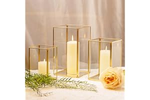 yshengood Glass Hurricand Candle Holder Large Gold Candle Holder Set of 3 Pieces Thanksgiving Christmas Party Wedding Decorative Lantern Candle Holder