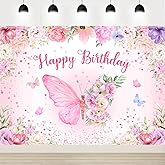 Butterfly Birthday Backdrop Pink Butterfly Birthday Party Decorations Banner for Girls Flowers Party Photo Background Portrait Photo Prop 7x5Ft