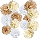 Boho Tissue Paper Pom Poms,Premium Champagne Neutral Party Decorations,Creamy White Light Brown Tissue Paper Flowers,for Wedding Birthday Engagement Receptions Boho Bridal Baby Showers Party Supplies