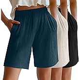 Riyiper 3 Pack Women's Linen Shorts Elastic High Waist Bermuda Wide Leg Summer Casual Lounge Short with Pockets