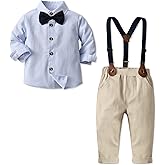 SANGTREE Baby Boys' Dress Clothes, Toddlers Tuxedo Outfit, Long Sleeves Vertical Stripe Button Down Shirt with Bow Tie + Suspender Pants Set Suit, W02 Blue, Tag 130 = 4-5 Years
