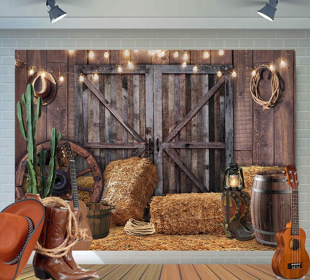 Photo 1 of Alltten 7x5ft Western Cowboy Backdrop Western Party Decorations Wild West Vintage Wooden House Barn Door Photography Background Cowboy Theme Party Decorations Banner Photo Booth F44