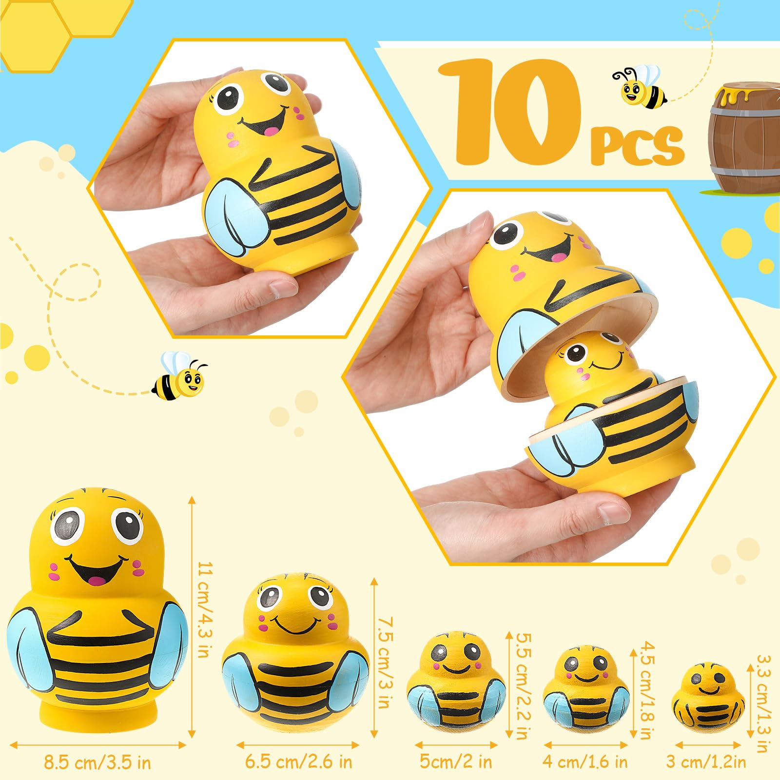 Seenelling 10 Pcs Wooden Handmade Russian Nesting Dolls Toys Animal Russian Cute Nesting Dolls for Christmas Home Decor Birthday Gift(Yellow Bee)