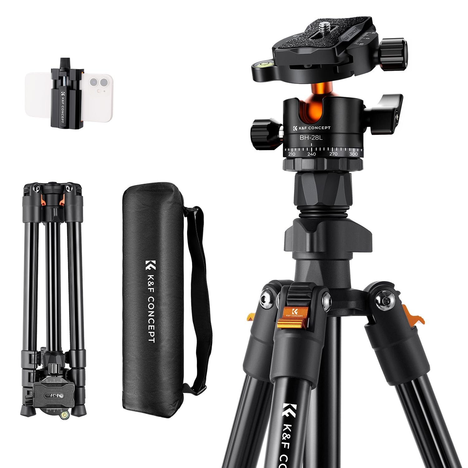 K&F CONCEPT Tripod for Camera and Phone, 64 inch/163cm Aluminum Travel Outdoor Tripod with Metal Ball Head Load Capacity 10kg/22lbs, Phone Holder, for DSLR Cameras K234A0+BH-28L