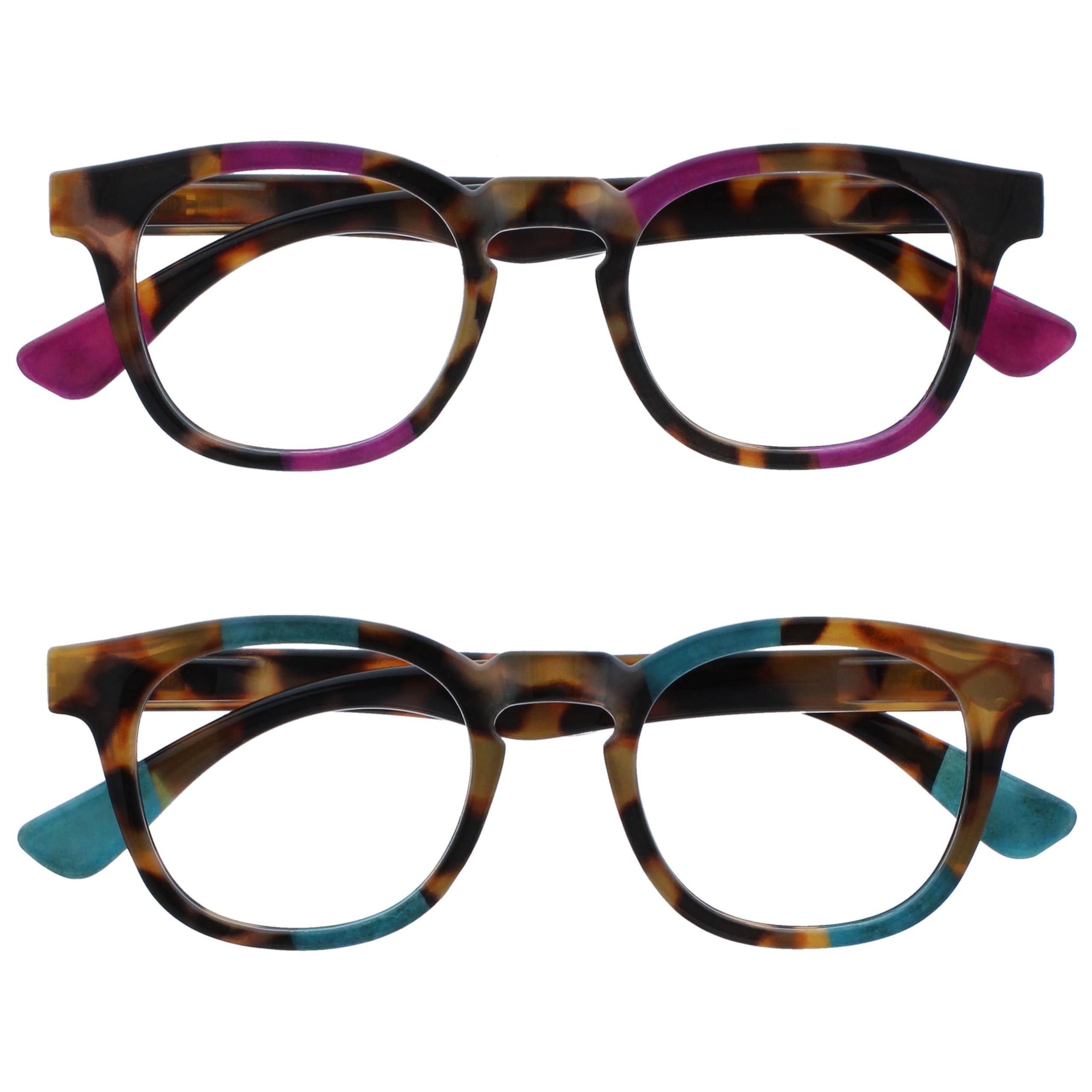 OPULIZE Ava Reading Glasses 2 Pack Flattering Rounded Frame Spring Hinges Scratch Resistant Brown Tortoiseshelll Purple Turquoise Mens Womens RR62-5Q +3.00