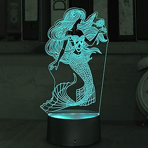 3D Illusion Mermaid Night Lights, Table Lamp USB Powered 7 Colors LED Night Lamp with Smart Touch Ideal for Girls Mermaid Birthday Christmas Gift Room Decor