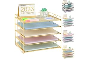 ECOLOVI 5 Tier Mesh Paper Letter Tray Organizer, Desktop Office Supplies Organizer for Desk, Desk Organizers and Accessories (Gold)