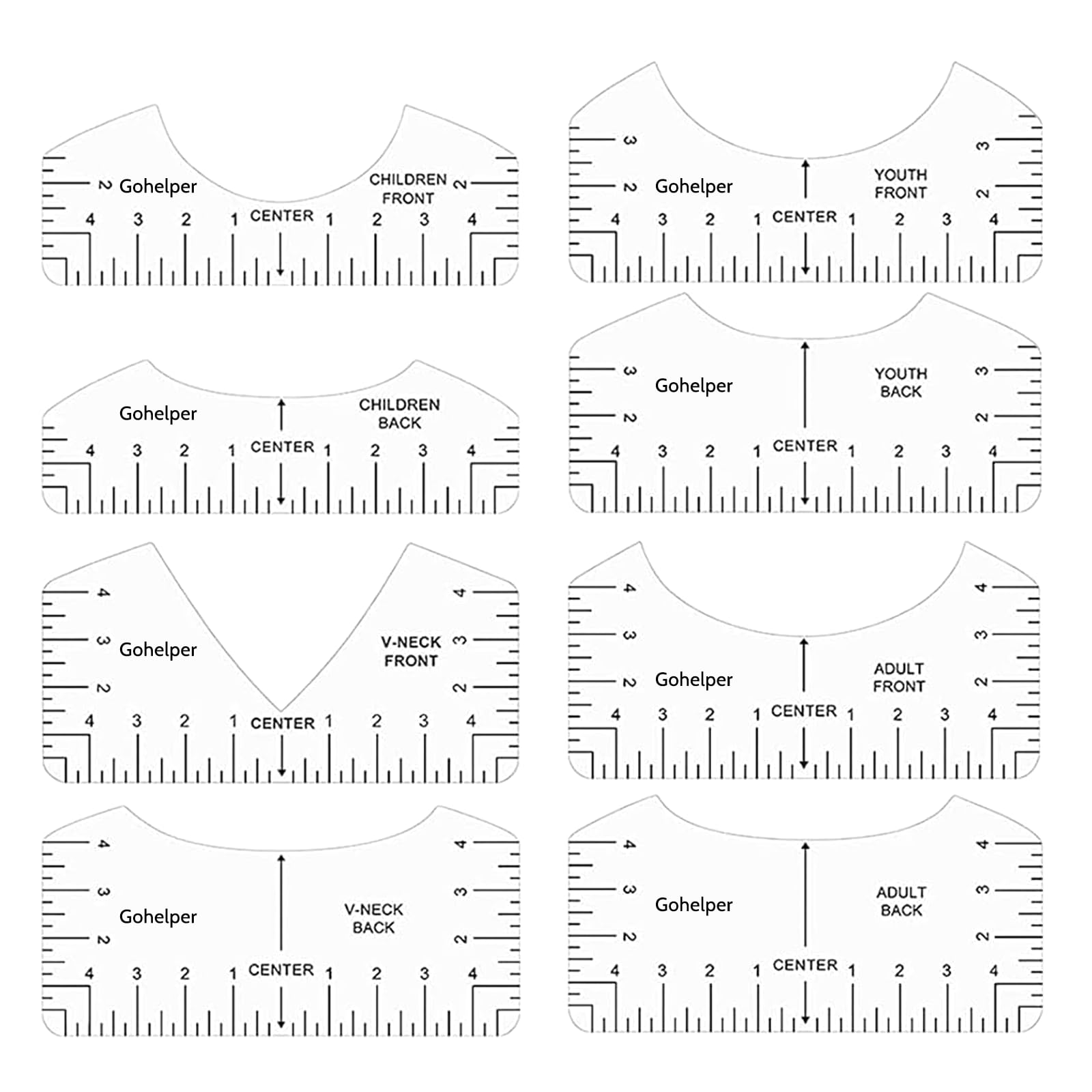 Youery 8 Pieces T-Shirt Alignment Ruler, V-Neck and Crew Neck T-Shirts Alignment Rulers, T-Shirt Alignment Ruler for Sewing, Designing T-Shirts and Crafts