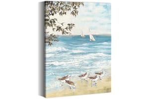 summer melody Beach Sandpiper Painting Wall Art: Coastal Sea Bird Canvas Abstract Ocean Artwork for Bedroom Seashore Seagull Picture Seaside Nature Prints Blue Seascape Art