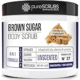 pureSCRUBS Premium Unscented Brown Sugar Body Scrub | Large 16oz Jar | Face, Feet & Full Body Scrub | Includes Wooden Spoon, Loofah & Mini Exfoliating Bar Soap