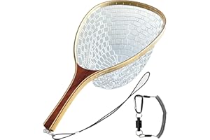 SEASPRO Fly Fishing Net Landing Trout Net Bass Soft Rubber Catch and Release Fish Net with Wooden Handle Frame Magnetic Fly Fishing Accessories Fly Fish Net