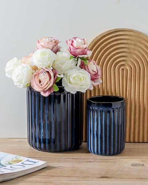 HASENSE KITCHEN UTENSIL HOLDER,7.3″ + 5.7″ COOKING UTENSIL HOLDER FOR KITCHEN COUNTER, LARGE UTENSIL CROCK FOR FARMHOUSE DECOR, UTENSIL STORAGE ORGANIZER FOR SPATULA, SET OF 2, NAVY BLUE