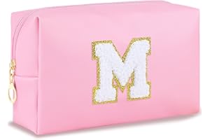 URSKYTOUS Gifts for Girls Initial Makeup Bag Personalized Cosmetic Bag with Zipper Cute Travel Toiletry Bag Waterproof PU Preppy Makeup Pouch Birthday Gift for Teen Girls Women(Pink M)
