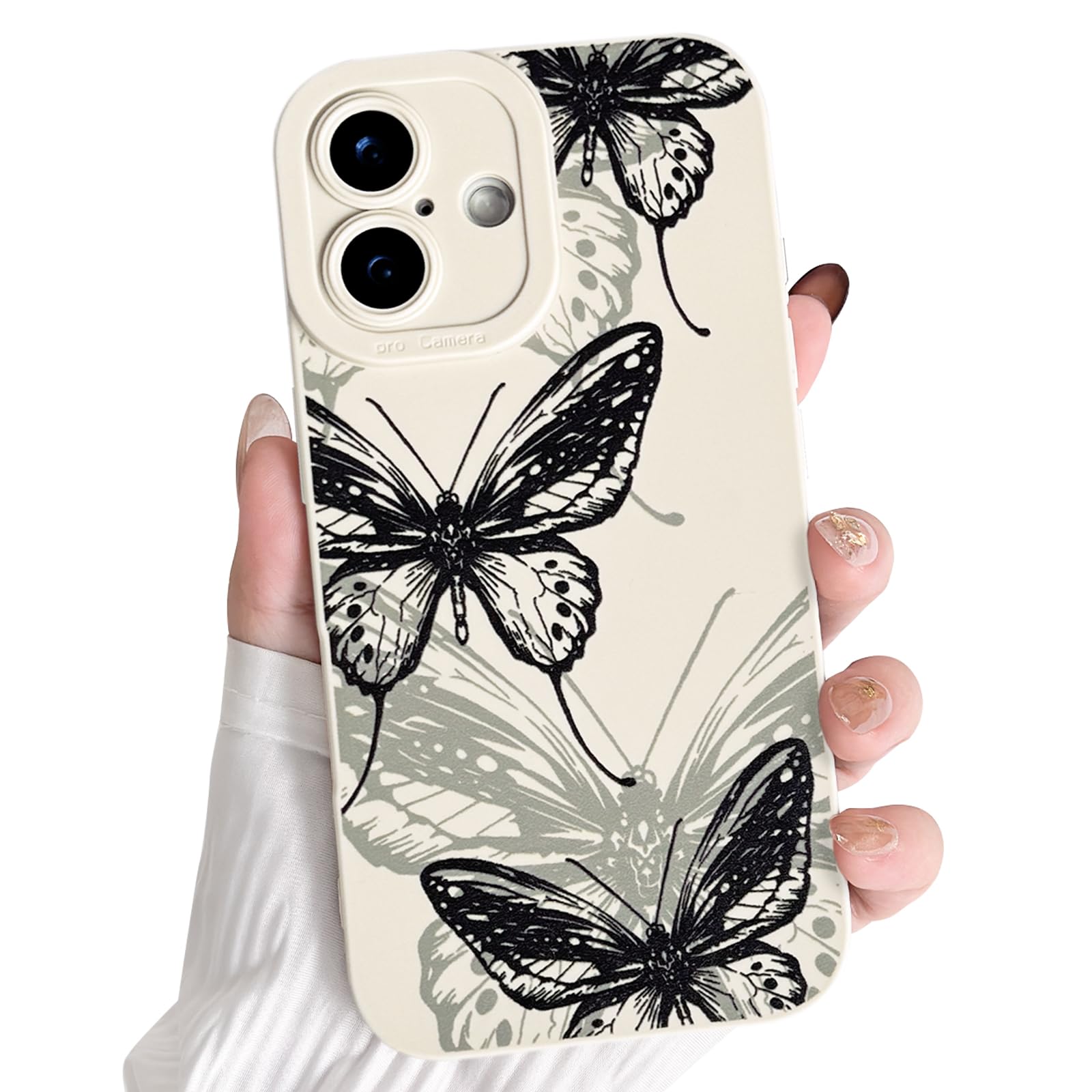 NITITOP Compatible with iPhone 16 Case Cute Aesthetic Butterfly Pattern for Women Girls Soft TPU Shockproof Stylish Full Camera Protective Phone Cover - White