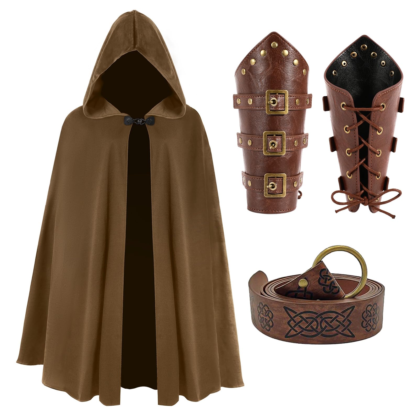 JoyFuncos Medieval Cloak with Hood, Renaissance Velvet Cape with Viking Belt Leather Bracers Costume Accessories Adult Men Women for Halloween (Brown)