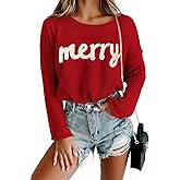 OCURHU Women Merry Christmas Sweater Long Sleeve Xmas Knitted Top Funny Holiday Graphic Pullover Tops 2024 Trendy