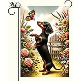 HOMETITUTE Spring Garden Flag Dachshund Garden Flag Double Sided 12x18 Inches Spring Summer Yard Flag Seasonal Holiday Lawn Yard Flag Flower Puppy Flag Outdoor Indoor Welcome Decoration