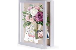 SZQINJI 11x14 Shadow Box Frame Memory Box Flower Shadow Box Display Case with Linen Back Glass Magnetic Door for Memorabilia Awards Medals Photos Rustic White Wall and Tabletop
