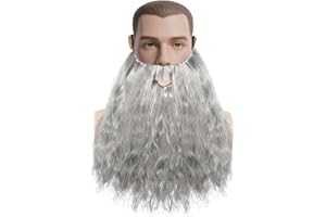 Gvhntk Men Long Curly Wizard Beard with Elastic Band Realistic Fake Mustache Beard Facial Hair Old Man Costume Cosplay Party