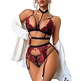 Avidlove Lace Garter Lingerie Set with Removable Choker Teddy Babydoll Strappy Bra and Panty Set (No Stockings)
