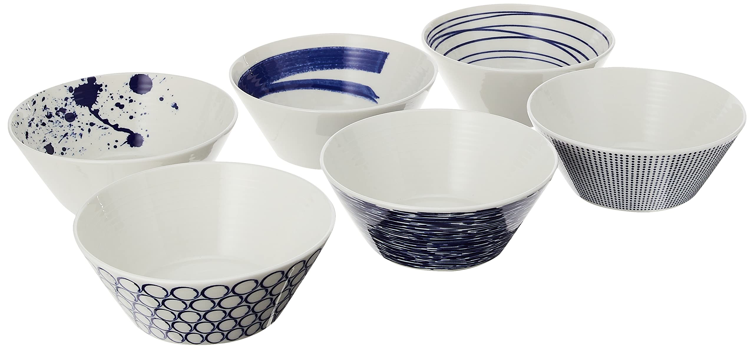 Royal Doulton Bowls, Stoneware, Designed to Mix & Match, 1815 Pacific 16cm/6.3in, Blue Mixed Patterns, Set of 6