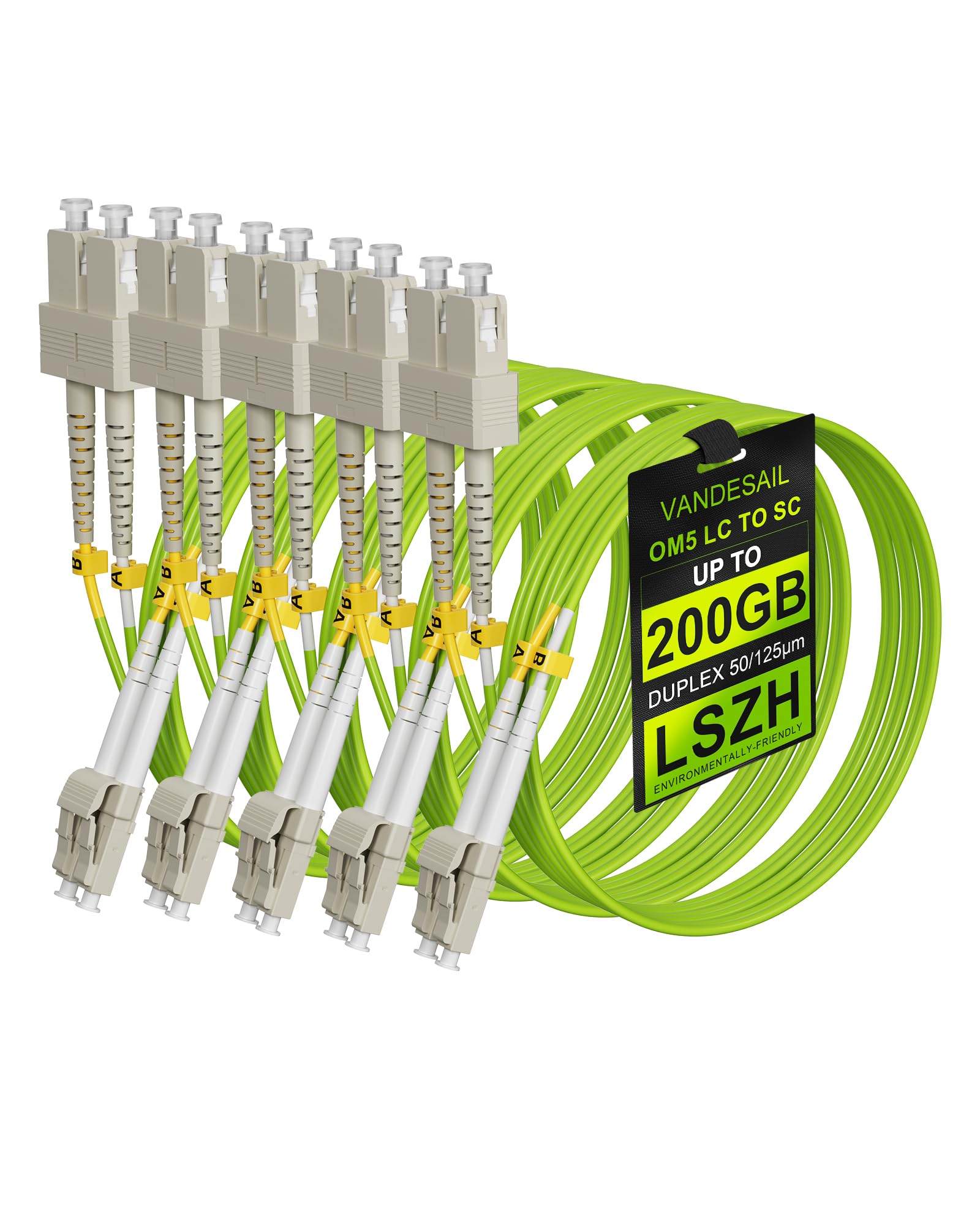 VANDESAIL 5 Pack Multimode Fiber Cable Duplex, OM5 1/10/40/100Gbs SC-LC Fiber Patch Optical Cords SFP+ Cable 50/125µm LSZH -5m(16.4ft) Image