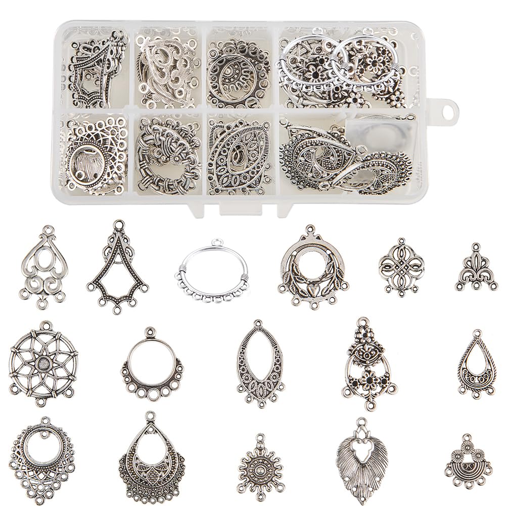 SUNNYCLUE 64pcs 16 Styles Tibetan Earring Chandelier Connector Charms Findings Loops Jewellery Making Kit for Earring Drop and Charm Pendant in Storage Box, Antique Silver