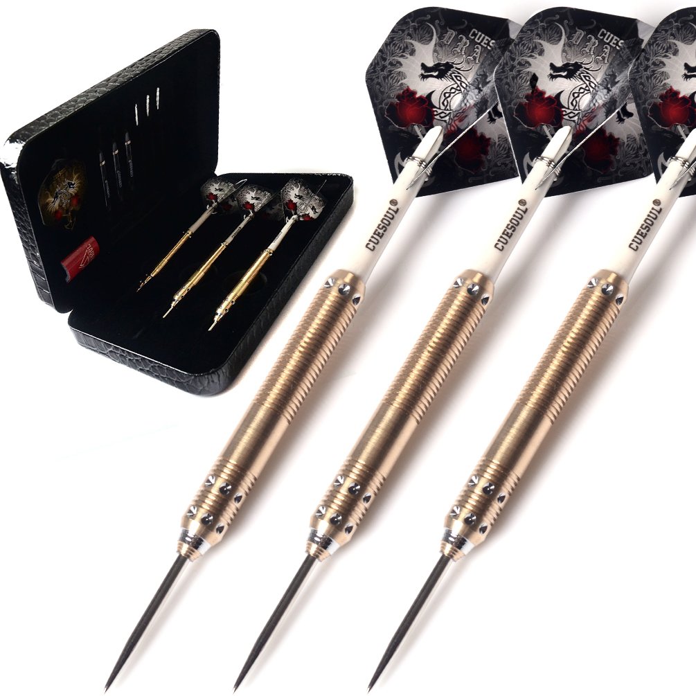 CUESOUL Dragon Series 25 Grams Professional Steel Tip Darts Set Brass Barrels Shockproof Deluxe PU Carry Case Nylon Shafts Well Balanced (JL-SL-J2207L)