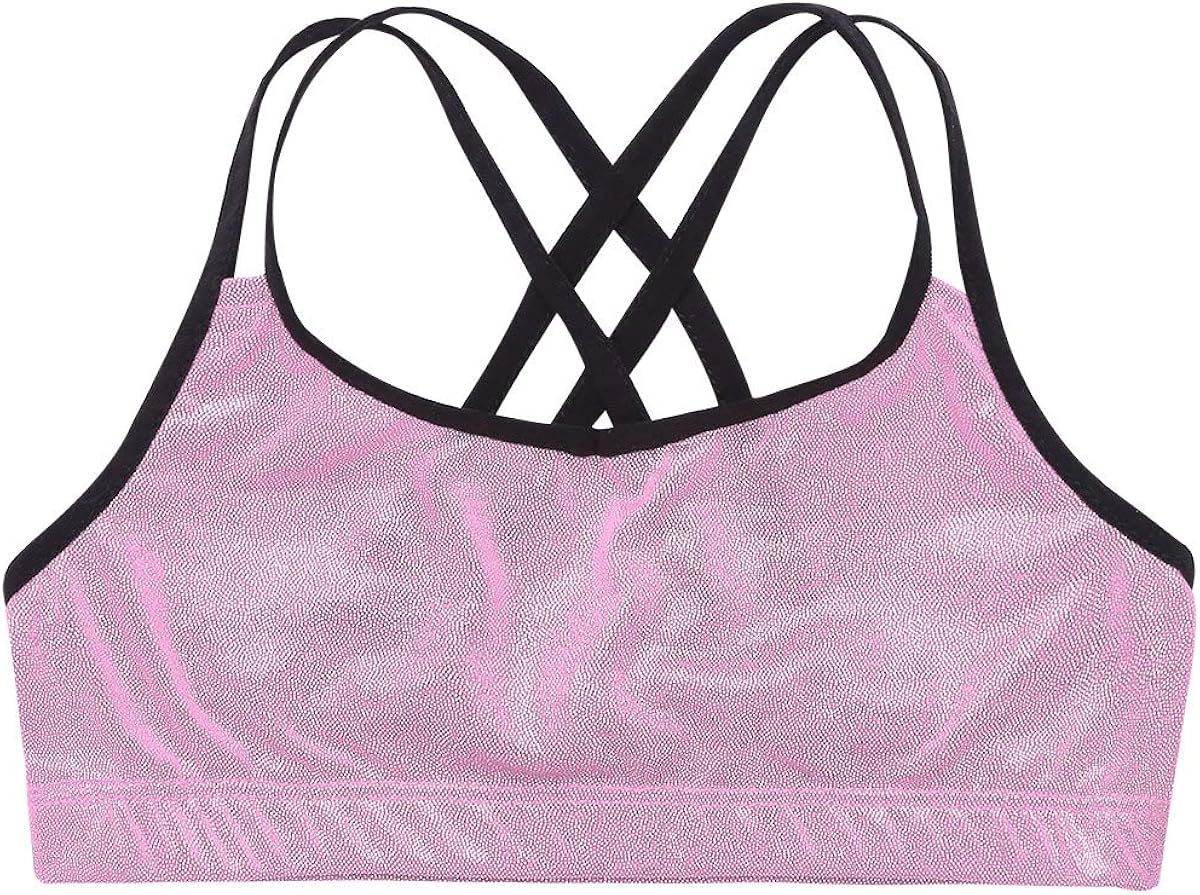 winying Girls Double Straps Criss Cross Back Metallic Crop Top Dance