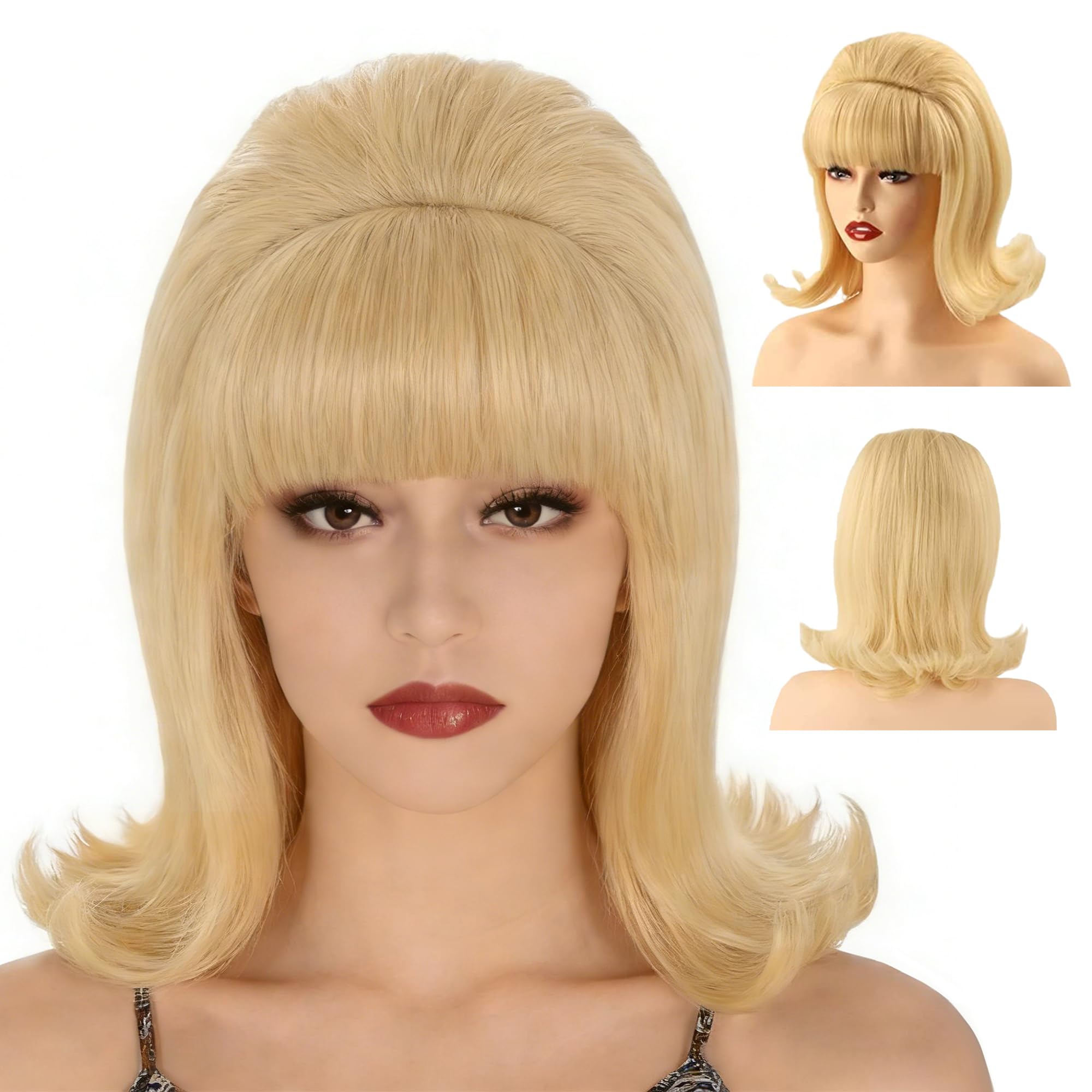 MORTICIA Womens Flip Wig 70s Pinup Pelucas 60s Retro Beehive Style Vintage Look Betty Rubble Wig Halloween Costume Women Wig wtih Bang (Blonde)