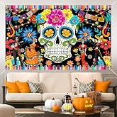 Day of the Dead Halloween Backdrop, 180x110cm, Mexican Fiesta Sugar Skull Photography Background, Party Decor (Black)