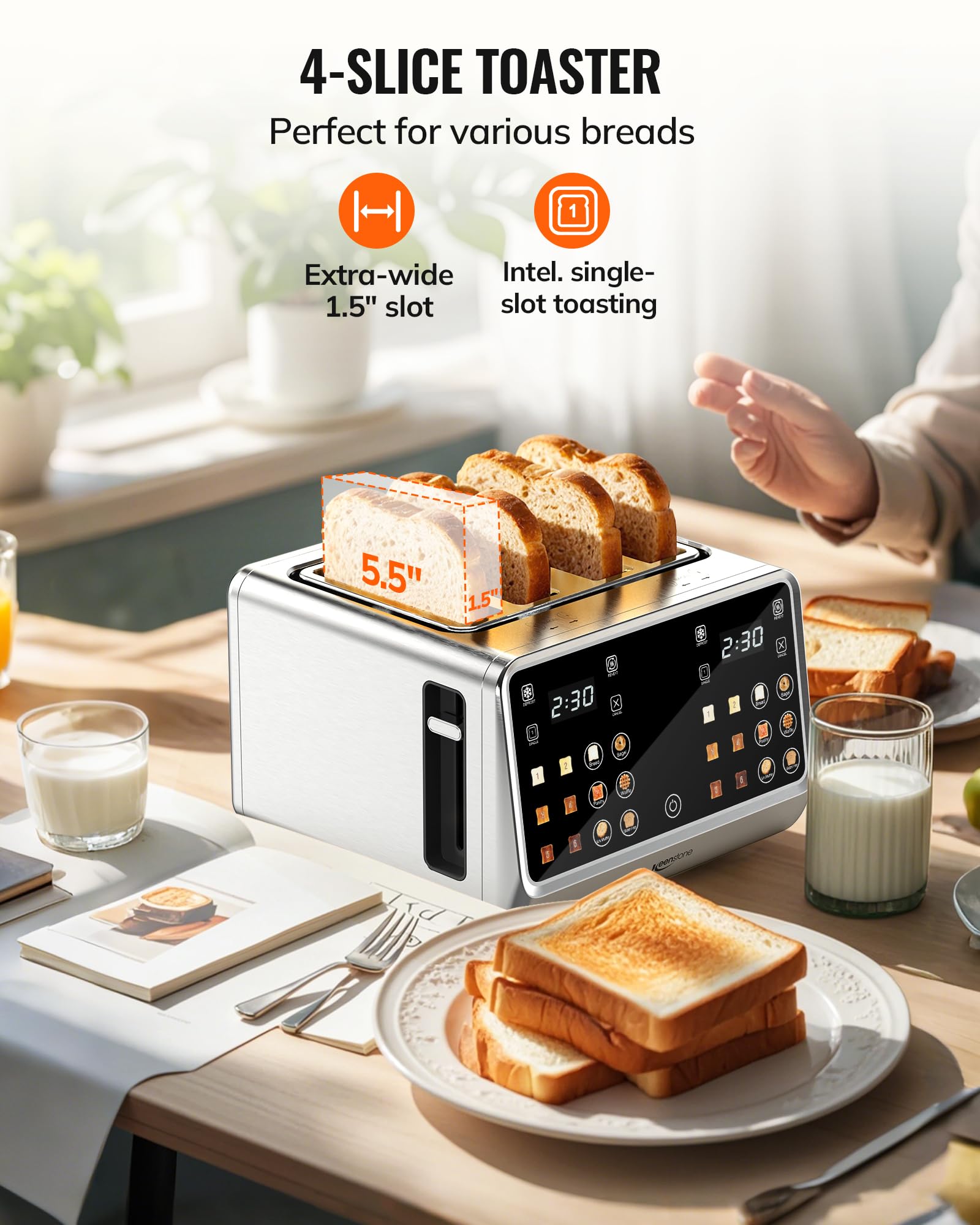 Tostadora Keenstone de 4 rebanadas, tostadora digital inteligente con pantalla táctil, panel de control dual, tostado de una sola ranura, temporizador, recalentar y descongelar para bagels, pan, gofres, elementos esenciales de cocina de acero inoxidable