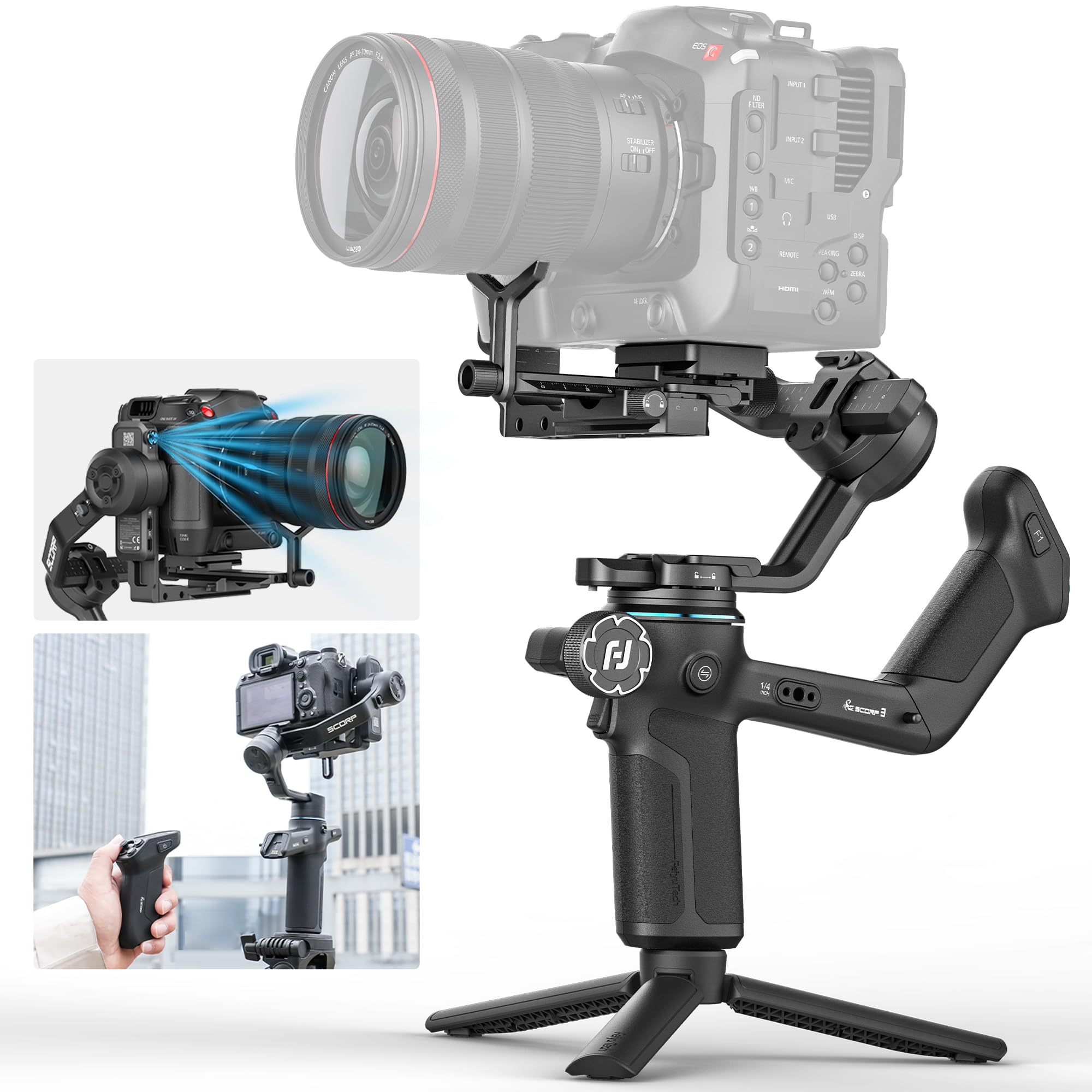 [Offiziell] FeiyuTech SCORP 3 DSLR Gimbal – 3,5 kg Traglast, 3-Achsen Kamera Stabilisator mit AI-Tracking, vertikale Aufnahme, 14 h Laufzeit, Remote-Griff, für Sony/Canon/Nikon