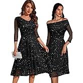 DRESSTELLS Cocktail Dress for Women, Sparkly Cowl Neck 3/4 Sleeves Wedding Guest Dresses 2026