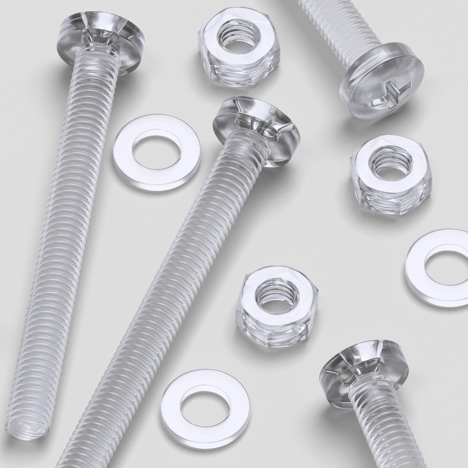 Pack of 60 Transparent Clear Plastic Acrylic M6 x 60mm Nuts & Bolts, Washers -Acrylic Plastic Screws