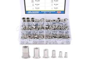 Glarks 180pcs M3/M4/M5/M6/M8/M10 Flat Head Rivet Nut Assortment Kit, Stainless Steel Insert Rivnut, Threaded Rivet Nuts, Metr