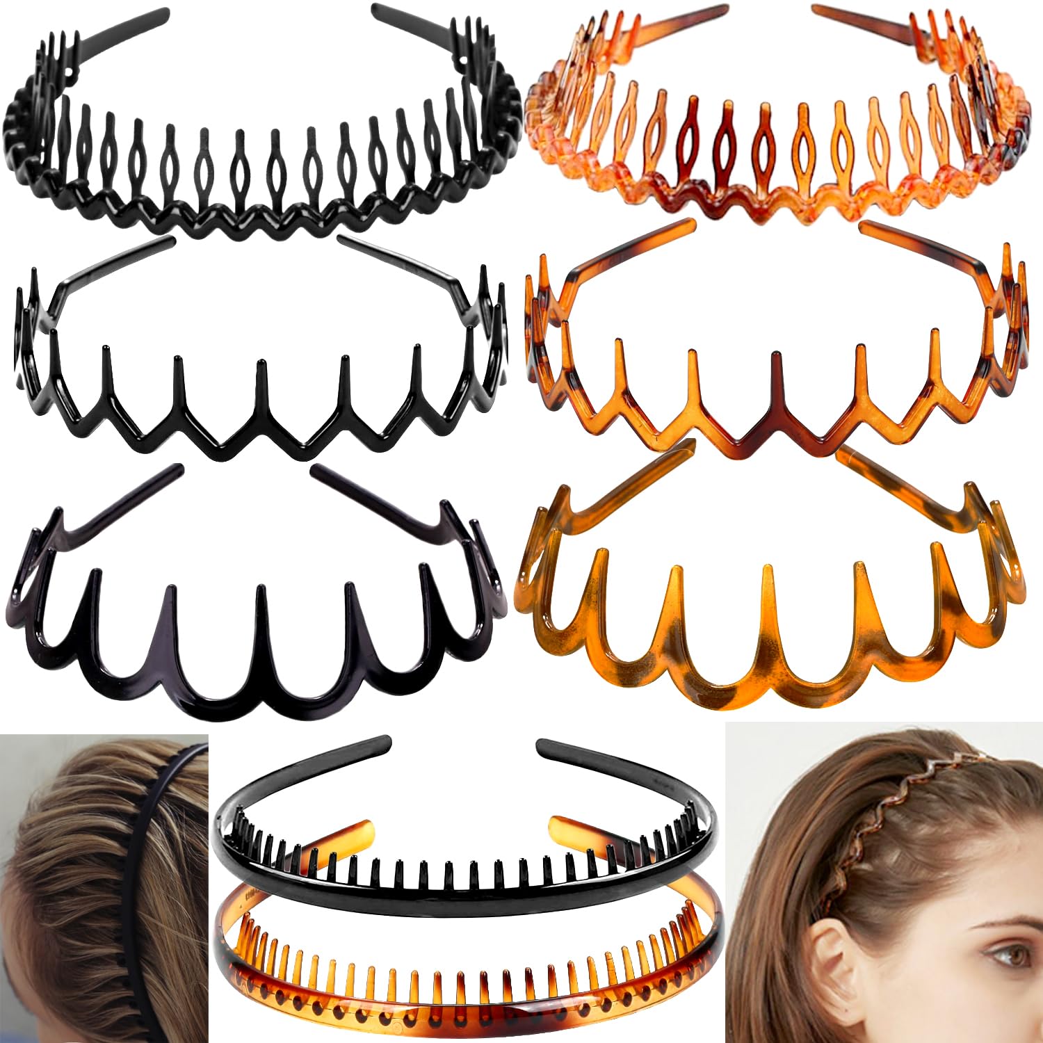 Photo 1 of ULTIMUTE 8 PCS Fashion Effortless Plastic Headbands with Teeth Comb Black Skinny Headbands No Slip Hair Accessories Bands for Women Men Teen Girls, Leopard&Bright Black