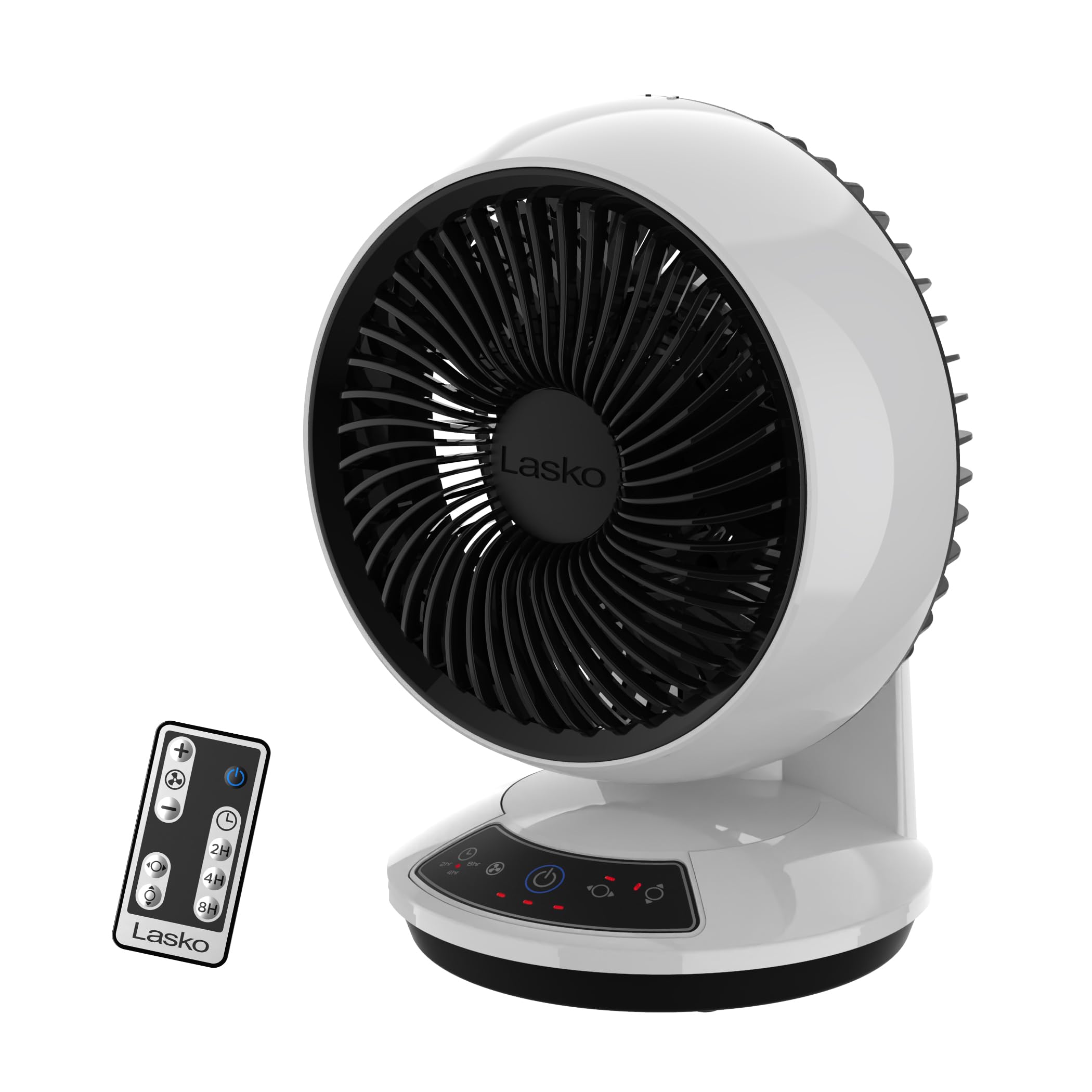 Lasko Whirlwind Orbital Motion Air Circulator Table Fan, 3 Speeds, Timer, Dark Mode, Remote Control for Small and Medium Sized Rooms, White, A12557