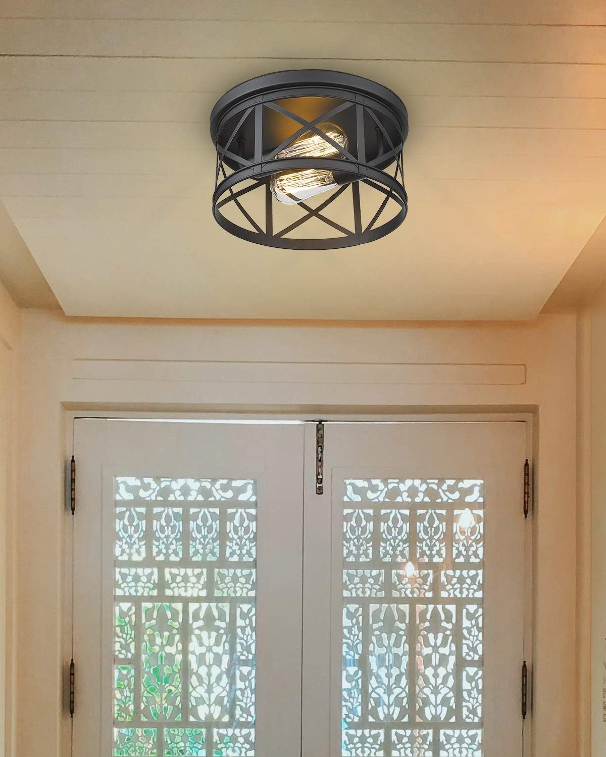 FEMILA Flush Mount Ceiling Light, 12inch Rustic Metal Cage Close to Ceiling Light Fixture for Hallway Stairway Kitchen Garage, Black Finish, 4FD19-F BK - - 