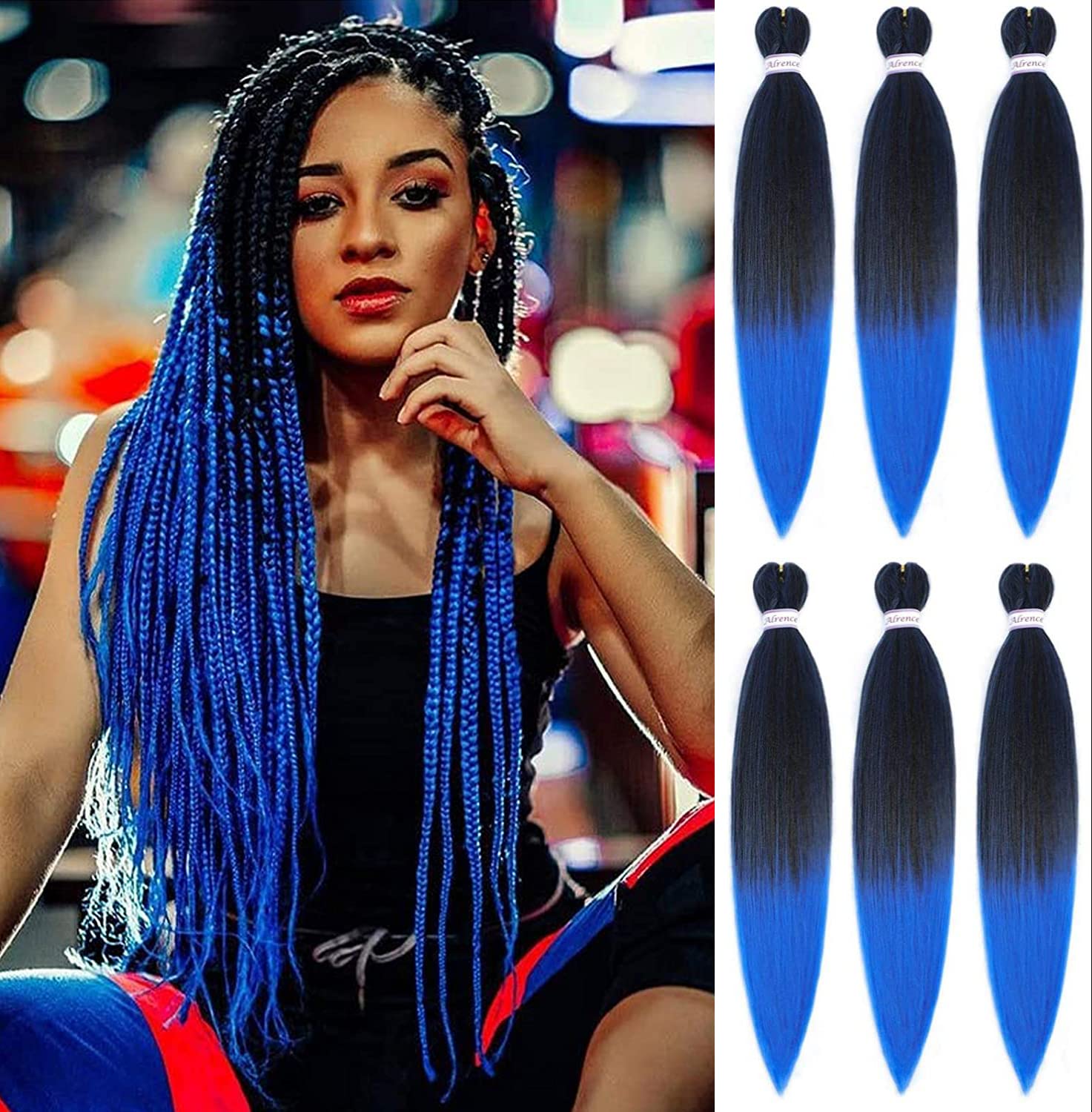 DT CHERYL Pre Stretched Braiding Hair,6 Pack Blue Braided Hair extension 26 inches Synthetic EZ Braid Hot Water Styling Braid Yaki Texture Pre-stretched Hair for Braiding Braids 1B-Blue.