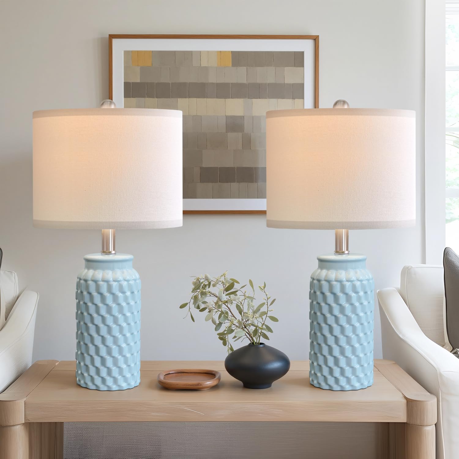 USumkky 20.5" Light Blue Modern Ceramic Bedside Lamp Set of 2 for Bedroom Decor Farmhouse Table Lamp for Living Room Office Dorm Image