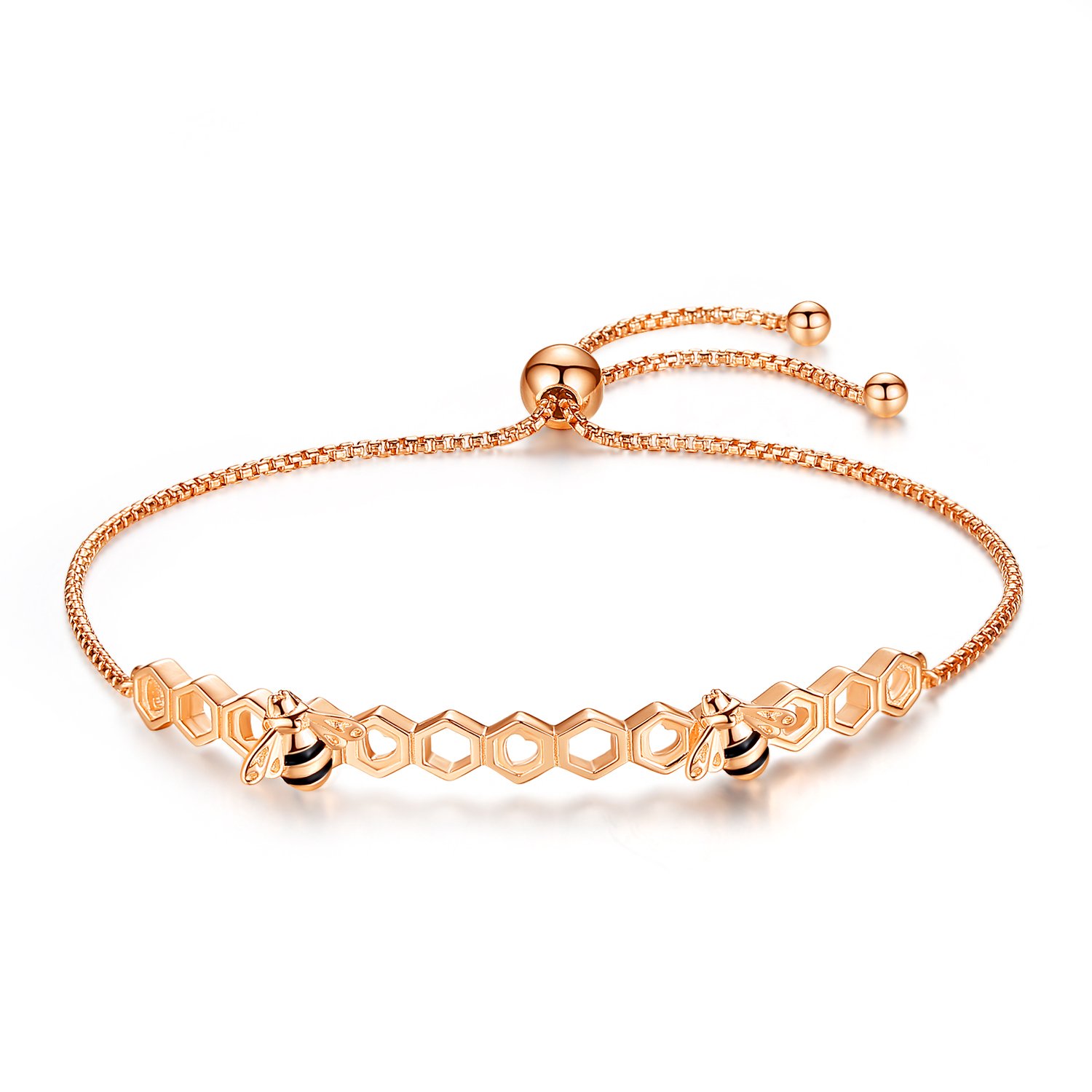 Qings Bee Bracelet Adjustable Rose Gold Sterling Silver Charm Bracelets for Woman and Girls